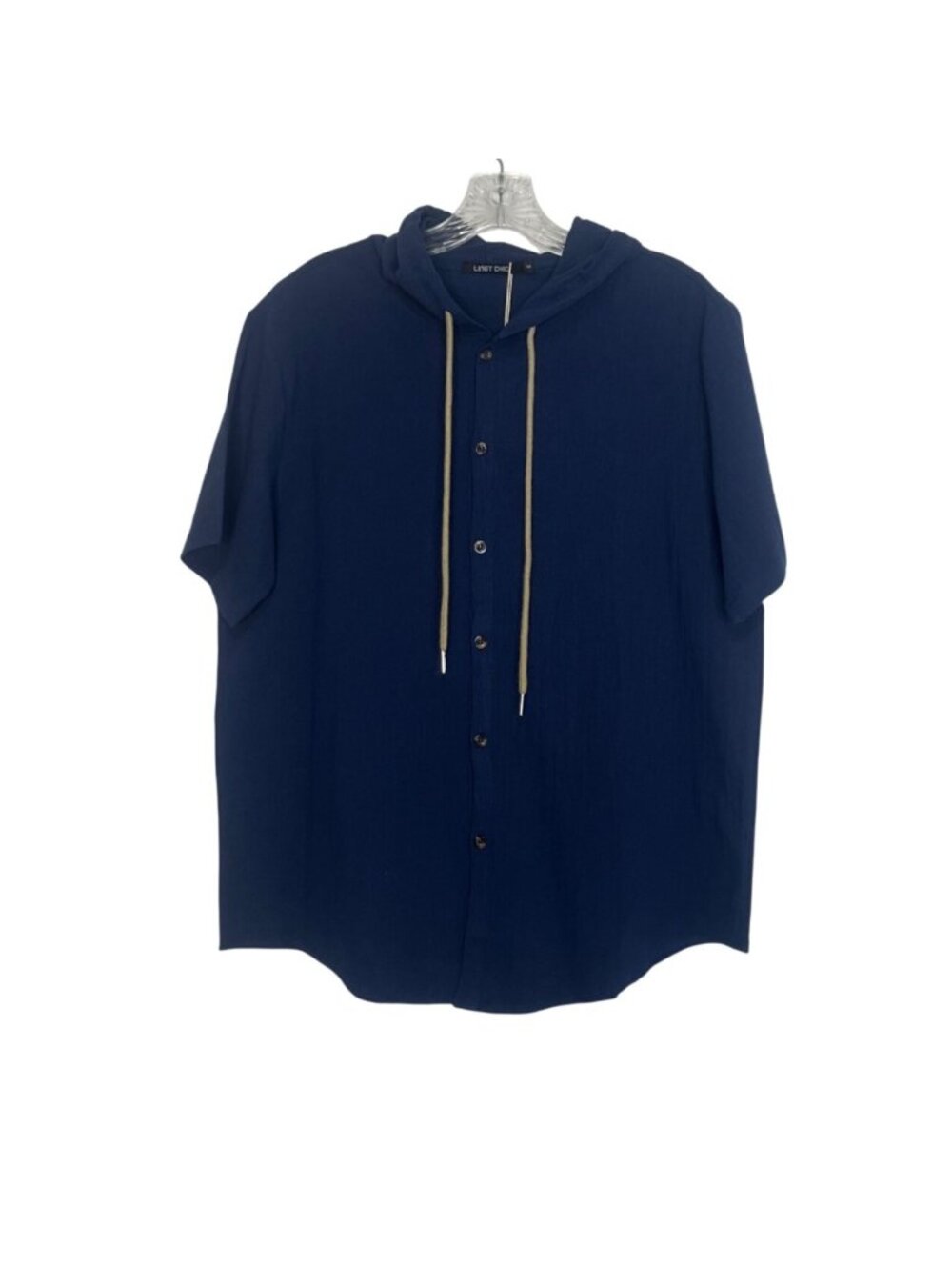 Linet Chic Short Sleeve Button Up Hoodie Shirt Small Navy Blue New